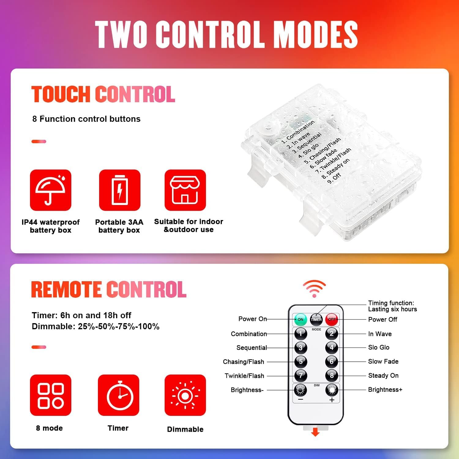 Guirnalda de Luces navideñas de 7 m/23 pies, 50 LED, 8 Modos de iluminación, Control Remoto, Funciona con Pilas, para Exteriores e Interiores, Ideal para decoración navideña (Verde