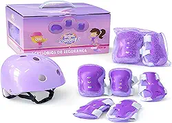 Kit de Proteção Infantil com Capacete, Joelheiras, Cotoveleiras e Munhequeiras, Violeta, Ajustável, para Patins, Bicicleta, Skate