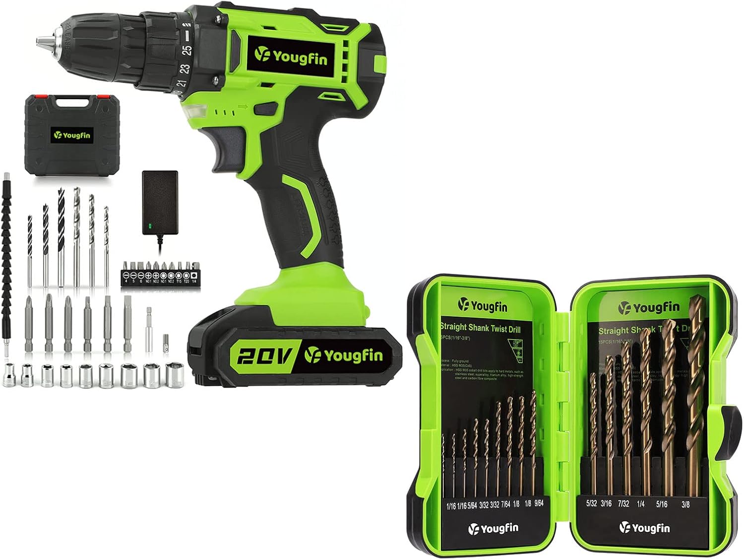 Yougfin Cordless Drill Set 20V with Battery and Charger & Cobalt Drill Bit Set - M35 High Speed Steel, 135° Tip - Twist Jobber Length Kit for Hardened Metal, Cast Iron, Stainless Steel