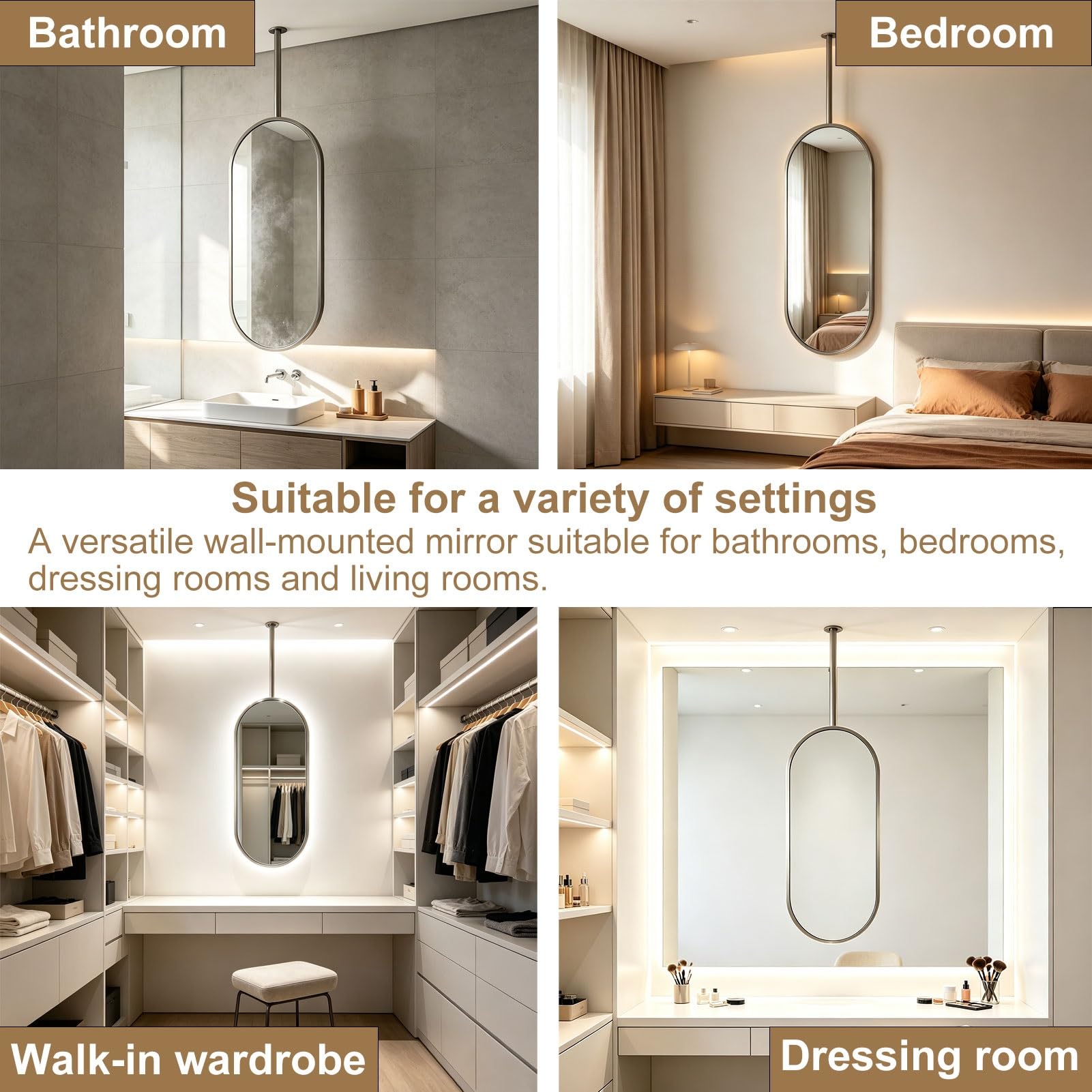 Miroirs de rasage vanité de salle de bains avec tige suspendue au plafond | Miroir monté au plafond avec cadre et flèche en acier inoxydable brossé(Silver,50cmx60cm)