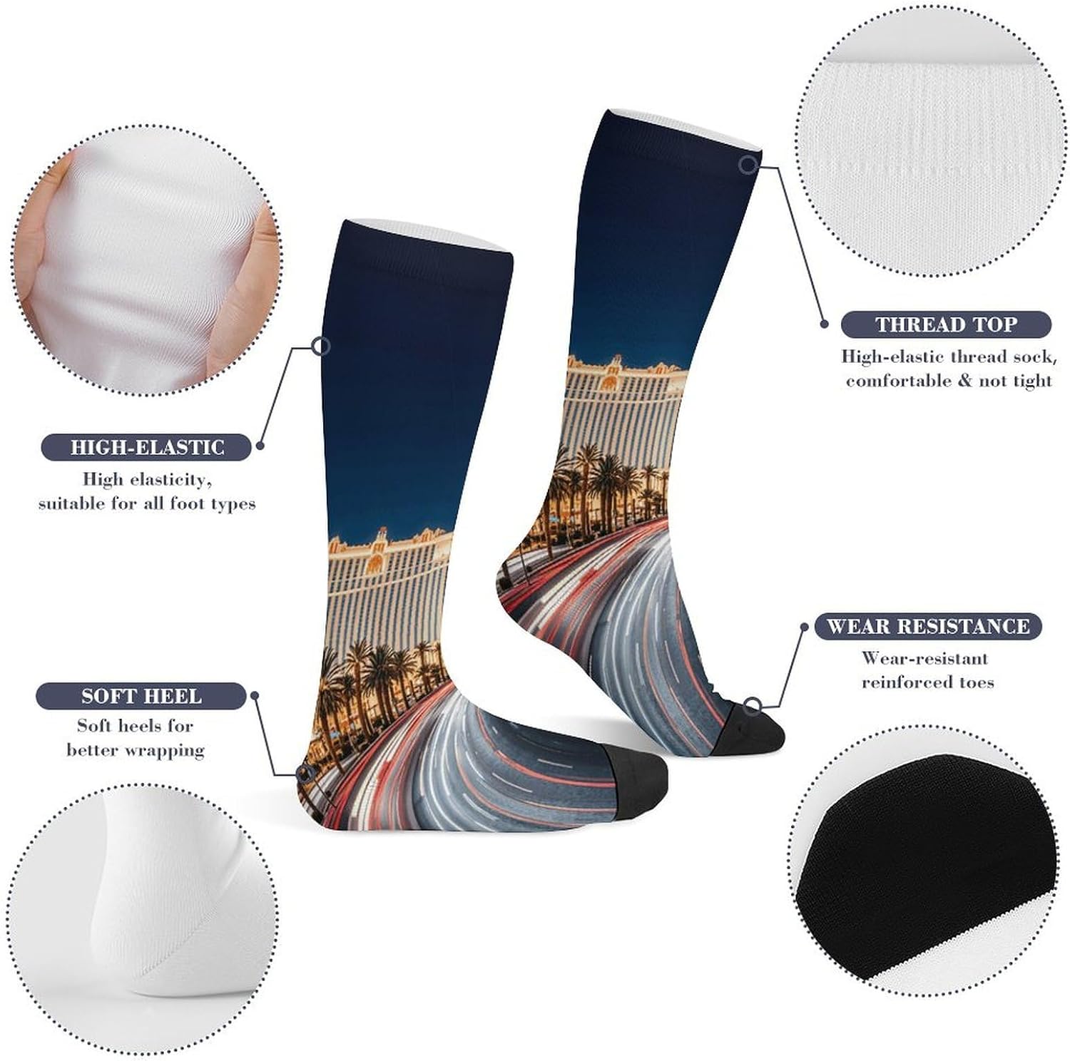 Knee High Socks Las Vegas Night Long Tube Boot Seamless Toe