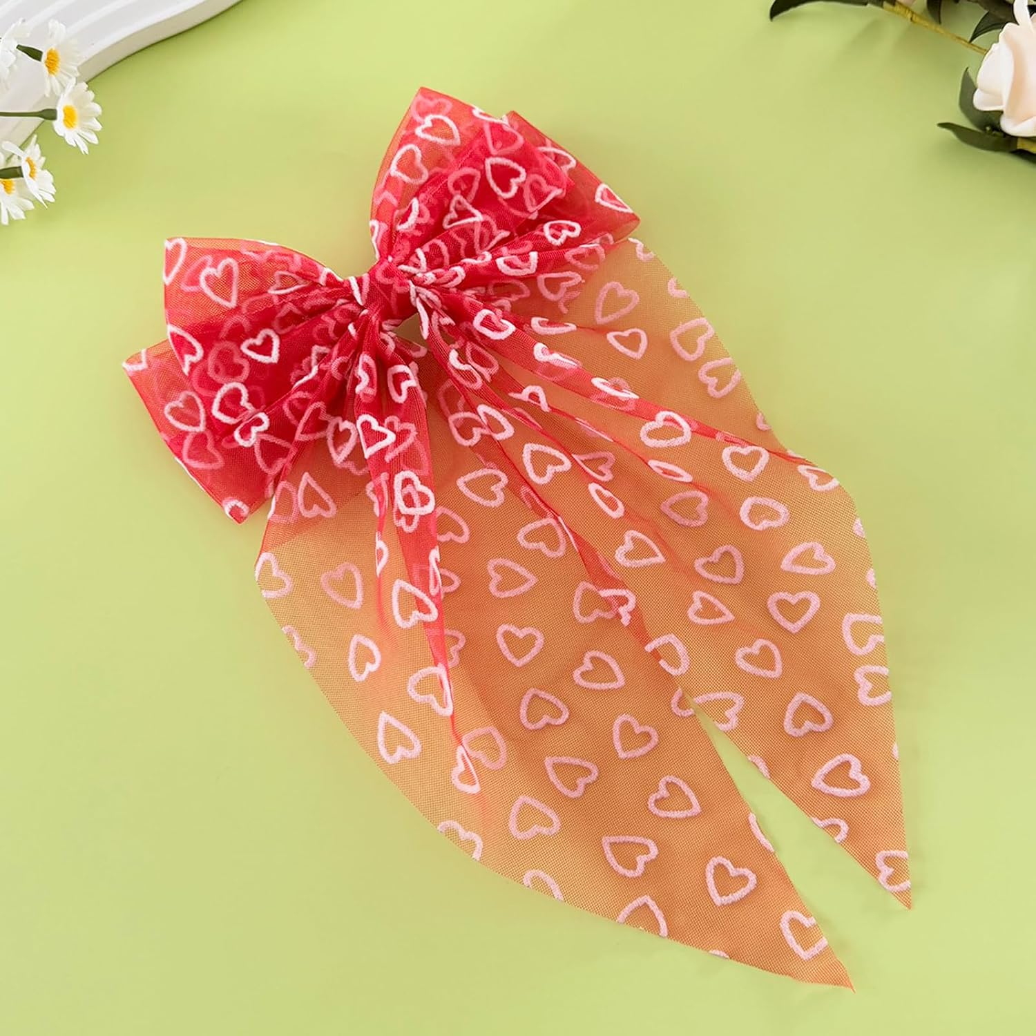 Valentines Hair Bows for Women Heart Hair Clips Red Mesh Big Bows Hair Barrettes Hair Ribbon Bow Girls Hair Accessories for Valentine's Day Party Supplies image 2