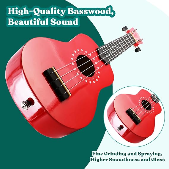 Soprano ukulele for beginner kids with Gig Bag 21 Inch uke for Starter Hawaiian Soprano Ukalalee Polishing adults Basswood 21 Inch uke bundle with Strap Picks Songbook Cleaning Cloth (Red)