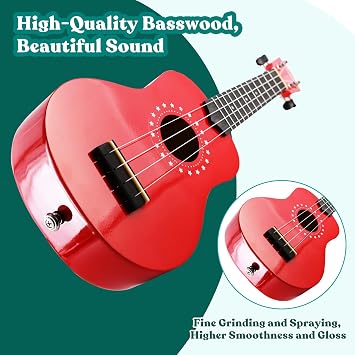 Soprano ukulele for beginner kids with Gig Bag 21 Inch uke for Starter Hawaiian Soprano Ukalalee Polishing adults Basswood 21 Inch uke bundle with Strap Picks Songbook Cleaning Cloth (Red)