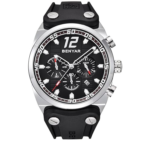 BENYAR Mens Big Dial Analog Quartz Sport Watches Black Silicone Band Chronograph Luminous Waterproof Outdoor�