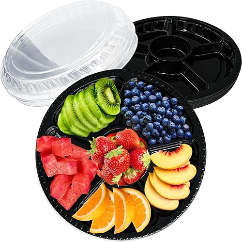 Paquete de 12 bandejas de plástico para aperitivos con tapa, bandeja desechable transparente dividida para servir, 6 recipientes de almacenamiento