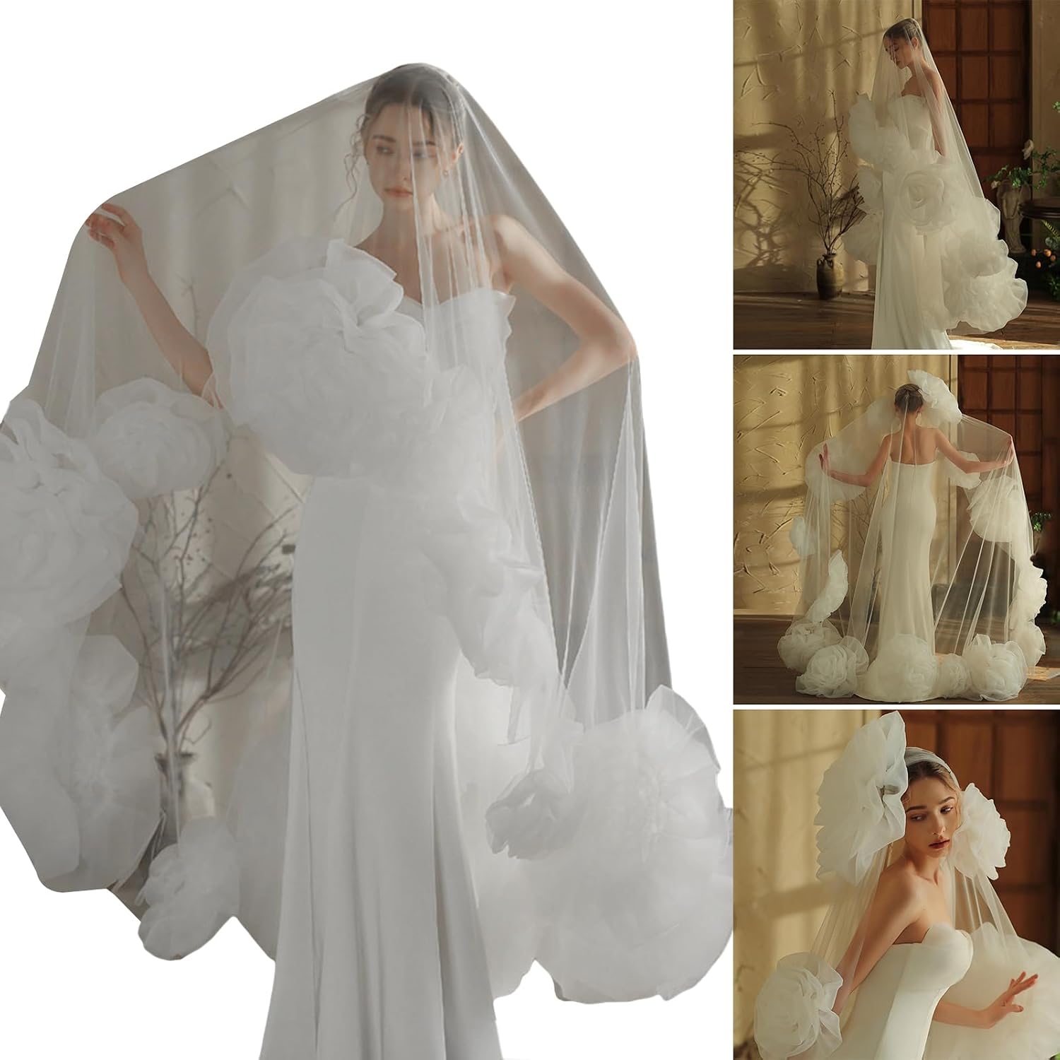 3 Meter Long Bridal Veil Soft Tulle for Wedding Party and Photography with Oversized Rose Flower Designs Wedding