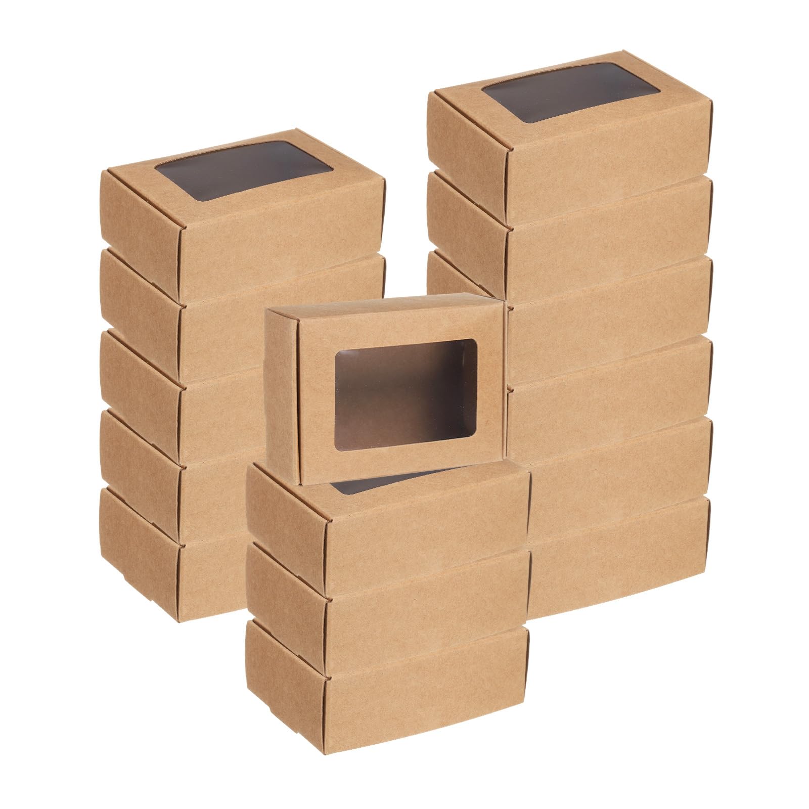 sourcing map 32Pcs Kraft Soap Boxes, 3.3" x 2.4" x 1.2" Mini Kraft Treat Box with Clear Window for Candy Cookie Gift Party Favor Treats Packaging (Light Brown)