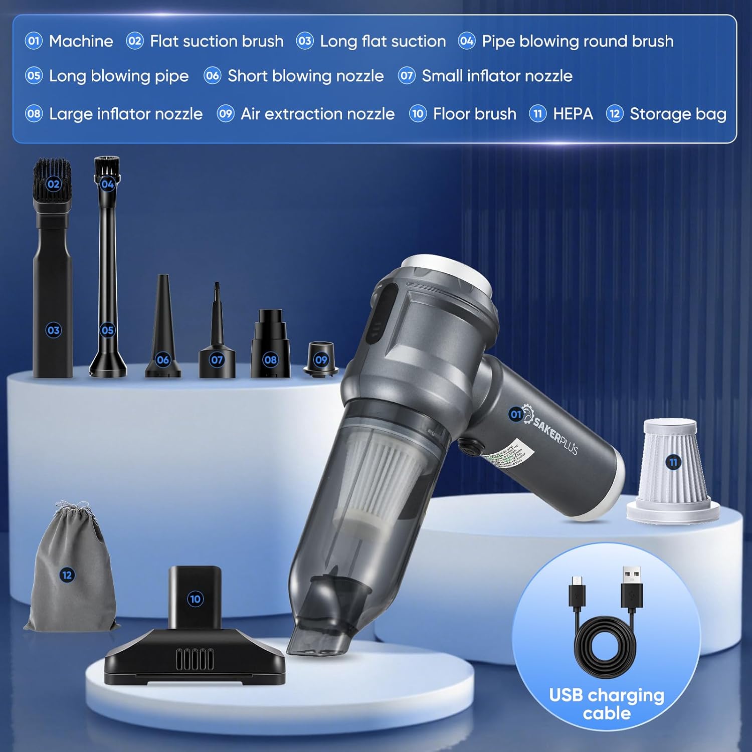 SakerPlus 4 in 1 Handheld Car Vacuum Cleaner & Air Duster, 17500PA High Power Rechargeable Portable Vacuum with LED Light, Multi Nozzles for Car, Home & Office – Ideal for Men and Family