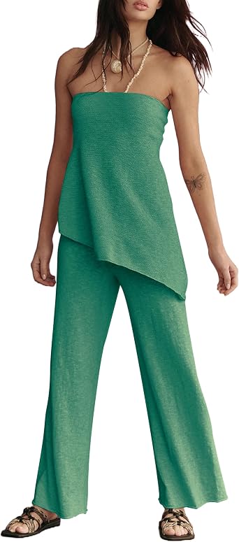 TERIVEEK Summer Knit Sweater Sets for Women 2 Piece Vacation Outfits Strapless Tube Top and Pants Sets Matching Lounge Set