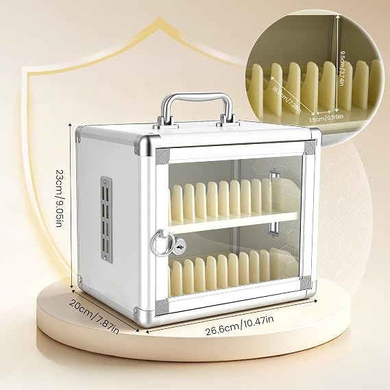 24 Slots Cell Phone Locker Box Cabinet, Aluminum Alloy Phone Storage Box with Heat Vents & Dividers, Secure Mobile Phones Locker with Pull Rings for Office Classroom Gym 26.6x20x23cm