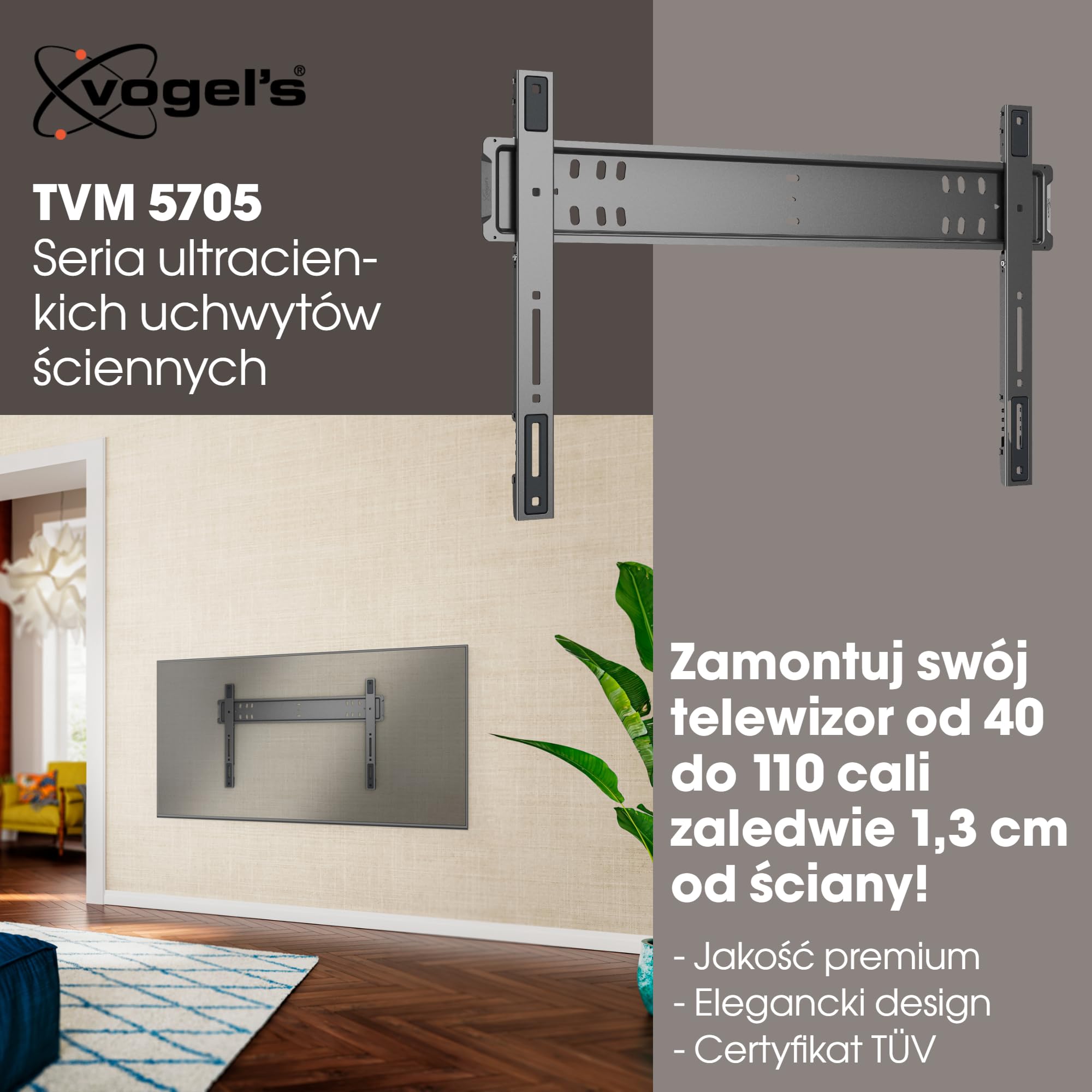 Vogel's TVM 5705 – Ultra-cienki uchwyt ścienny do TV z GuidanceSystem™ umożliwiającym i łatwe zawieszenie dużych TV, 40–110 cali, max 100 kg, certyfikat TÜV, VESA 600x400, odległość od ściany 1,3 cm