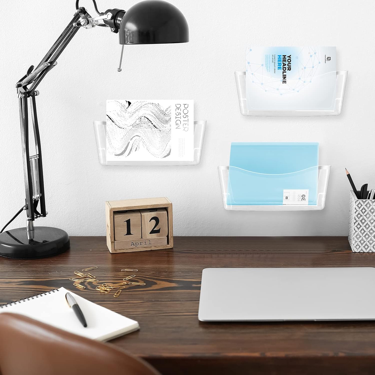 Colarr 6 Pack Expandable Pocket Wall File Holder Plastic Hanging Wall Organizer Space Saving Wallmount File Holder for Office Mail Letter Magazine(Clear)