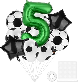 Soccer Balloons, 5th Birthday Decoration, World Cup Soccer Sports Theme Party Supplies, 32inch 5 Number Green Foil Balloon for Boys Football Soccer Party Sports Anniversary Baby Shower Decorations