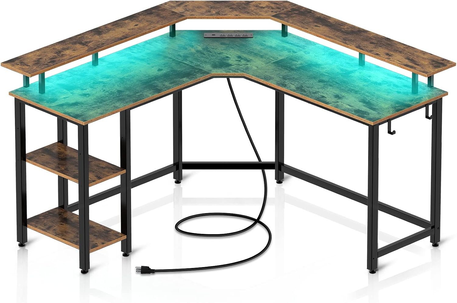 Rolanstar Computer Desk 56" with Power Outlets USB Ports & LED Strip, Reversible L Shaped Desk with Monitor Stand & Storage Shelf, L Shaped Gaming Desk with Hooks, Home Office Desk, Rustic Brown