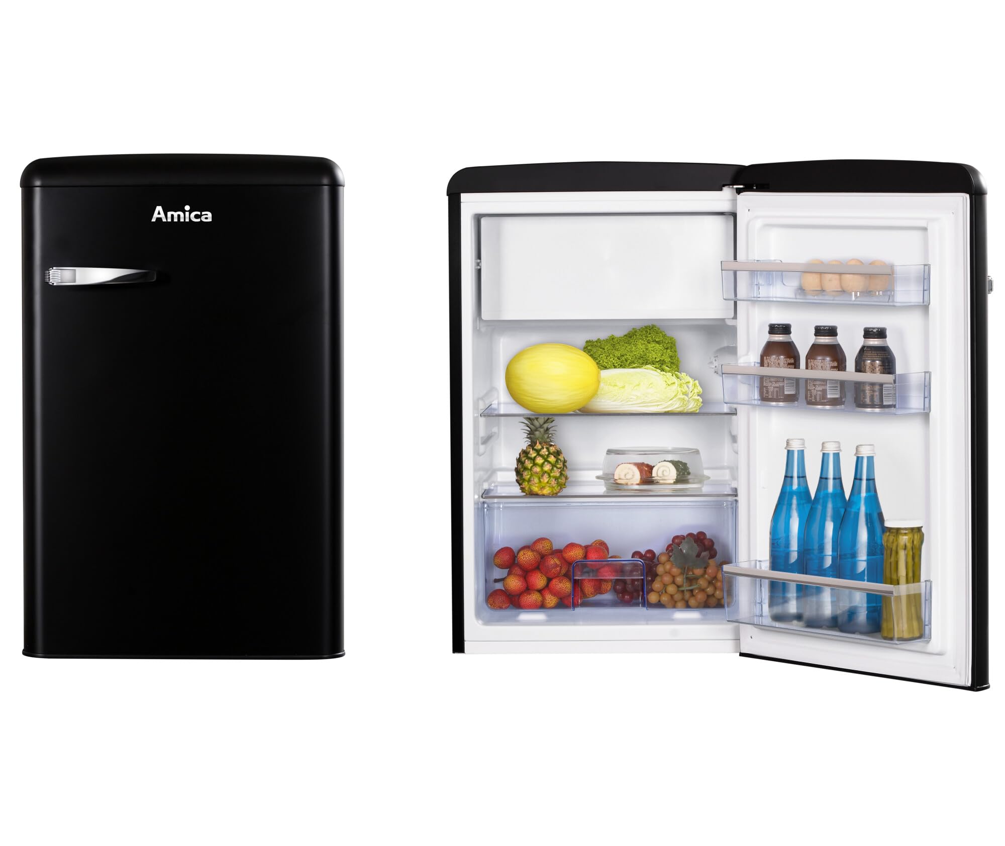 Amica Retro Kühl-Gefrierkombination 108 L 87,5 x 55 x 61,5 cm KS 15617 MS | 96 L Kühlteil 13 L Gefrierfach, LED Beleuchtung, Automatische Abtauung, Gemüseschublade, Leiser Betrieb, SafetyGlass Ablagen