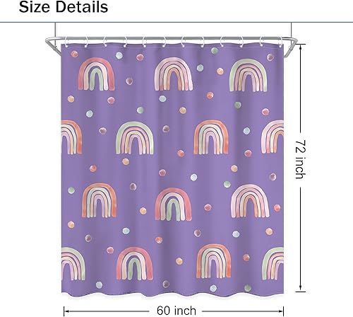 Miniatura 4 de Cortina de ducha para niños y niñas, 60 pulgadas de ancho x 72 pulgadas de largo, estilo bohemio, arcoíris, lavanda, lunares, retro, caricatura,