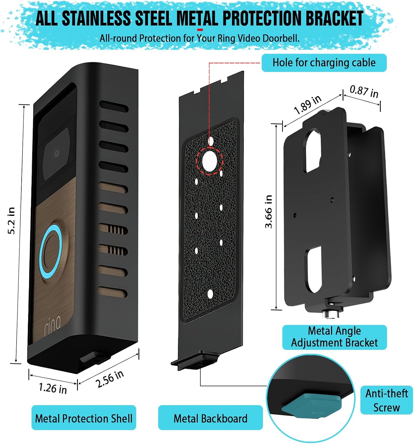 Anti-Theft Doorbell Mount with Adjustable Angle(45-135 Degrees),Upgraded Steel Metal Bracket for Ring Battery Video Doorbell 2/3/4/(2020 Release)/(2024 Release)/Plus/Pro Cover Holder Not Block Sensor