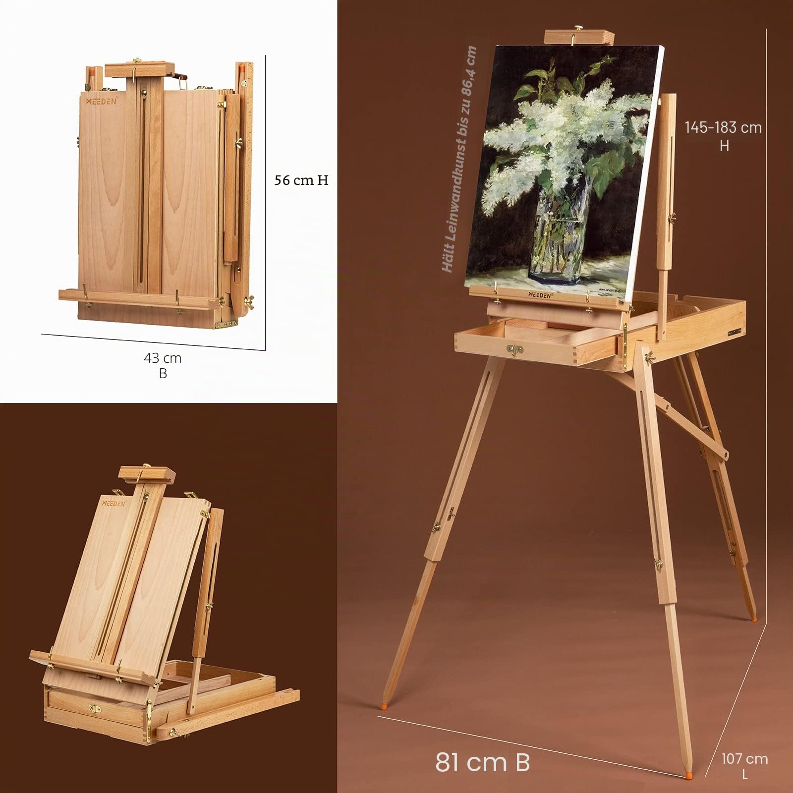 MEEDEN Staffelei Holz Groß, Kofferstaffelei Staffelei Set mit Acryl-Farben, Pinsel-Set, Leinwände,Palette, Tischstaffelei Leinwand Ständer für Künstler und Erwachsene, hält Leinwände bis zu 86cm