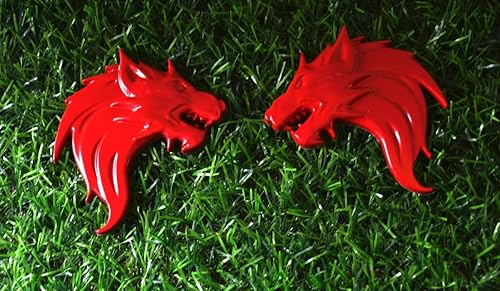 Par de emblema de metal de cabeza de lobo 3D para coche, motocicletas, guardabarros laterales, emblema de estilo trasero (rojo)