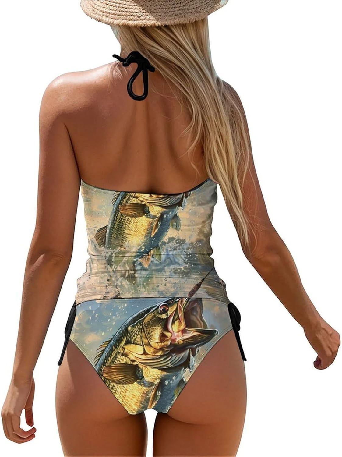 Bass Fish Women's Tankini Swimsuit Two Piece Tummy Control Bathing Suits Tie String Swimwear