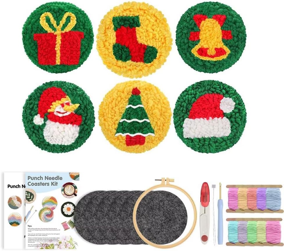 Punch Needle Coaster Kit 6 Patterns Christmas Tufted Rug Pads, DIY Needle Punch Coaster Kit for Adults Beginners with Adhesive Felt Yarns Embroidery Hoop Tools Instruction