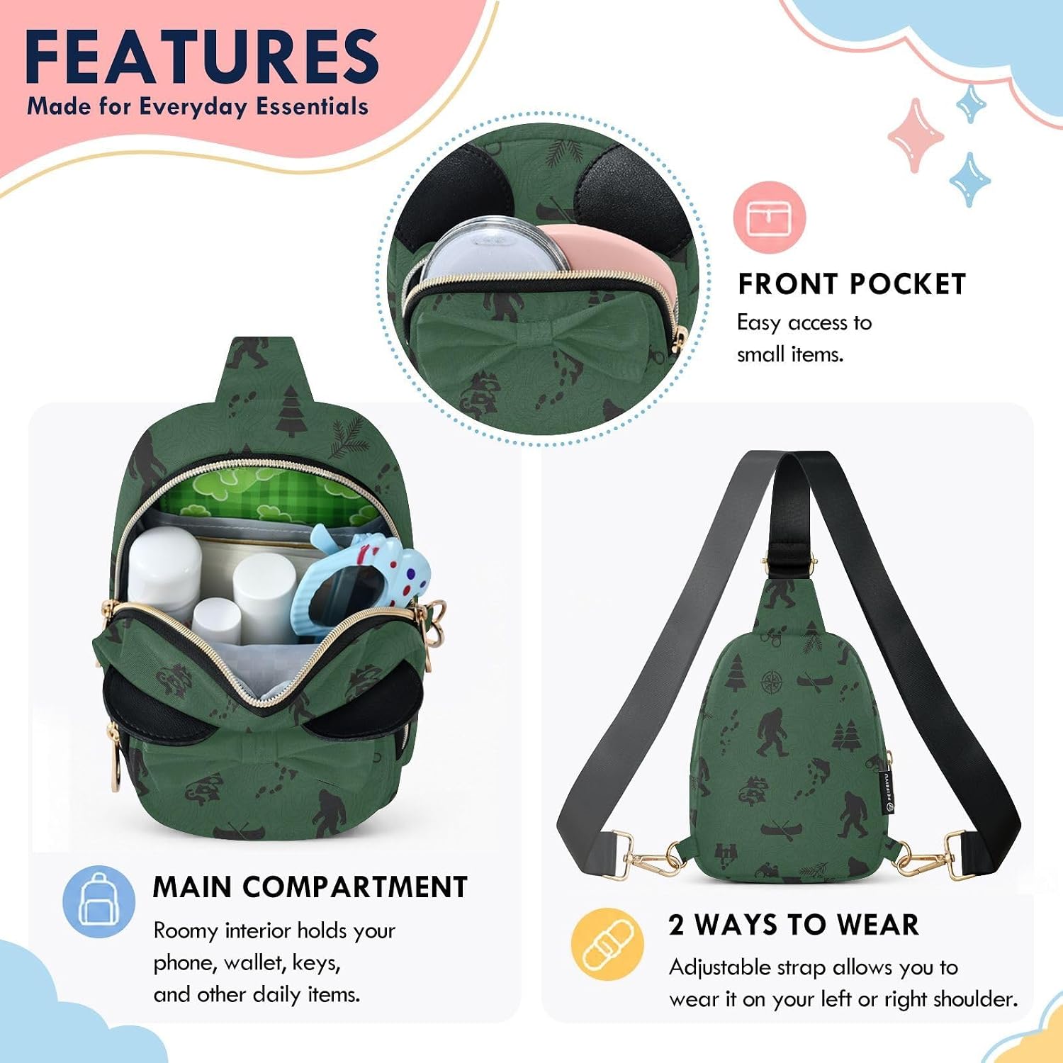 Sinestour Sasquatch Kids Crossbody Bags for Girls, 3.1x7.5x5.7In | Crossbody Fanny Pack, Toddler Purse, Cute Sling Belt Bag with Ears, 2L Small Shoulder Chest Bag for Travel