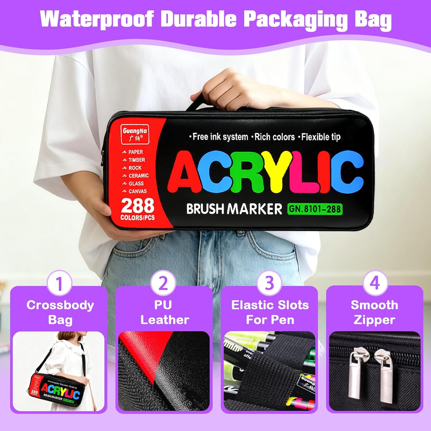 288 Colors Acrylic Paint Markers,Acrylic Paint Pens with Direct-Liquid Ink Control System,1-6mm Soft Brush Tip Paint for Rock, Wood, Canvas, Glass, Fabric, Metal, Plastic, Paper, with Bag - Image 6