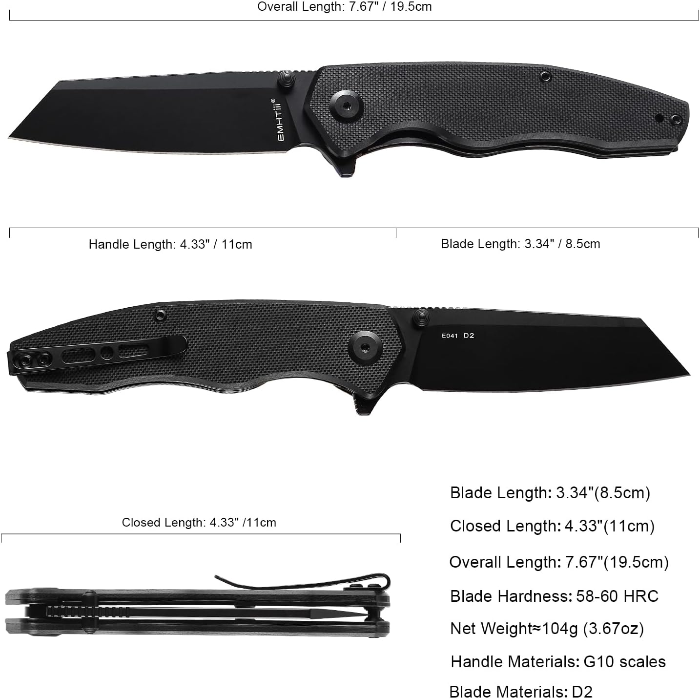 Pocket Knife Folding Knives: D2 Steel Black Sheepsfoot Blade, G10 Scales, Flipper Liner Lock, Reversible Clip, EDC Gifts for Men Women Camping Hiking E041, Black