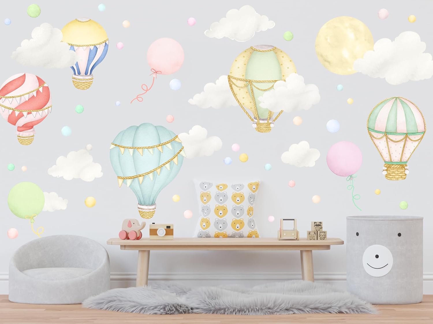 Hot Air Balloon Wall Decals – Peel & Stick Removable Wall Stickers with Clouds & Balloons, Rainbow Colorful Wall Decals Room Decor, for Nursery Kids Playroom Baby Medium (36" x 36")