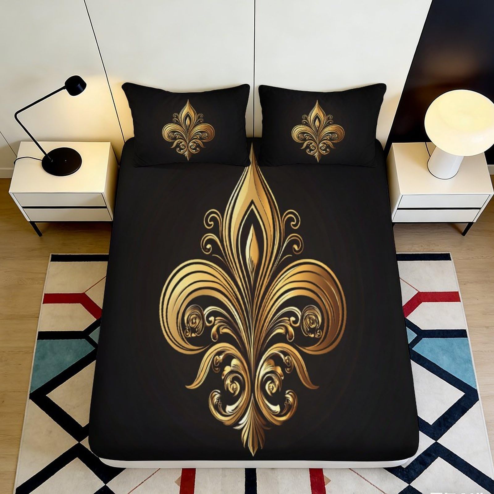 3D Printed Golden Fleur de Lis Fitted Sheet Microfiber Soft Black Baroque Mattress Cover for Bedroom Guest Room Decor 90x200x25cm