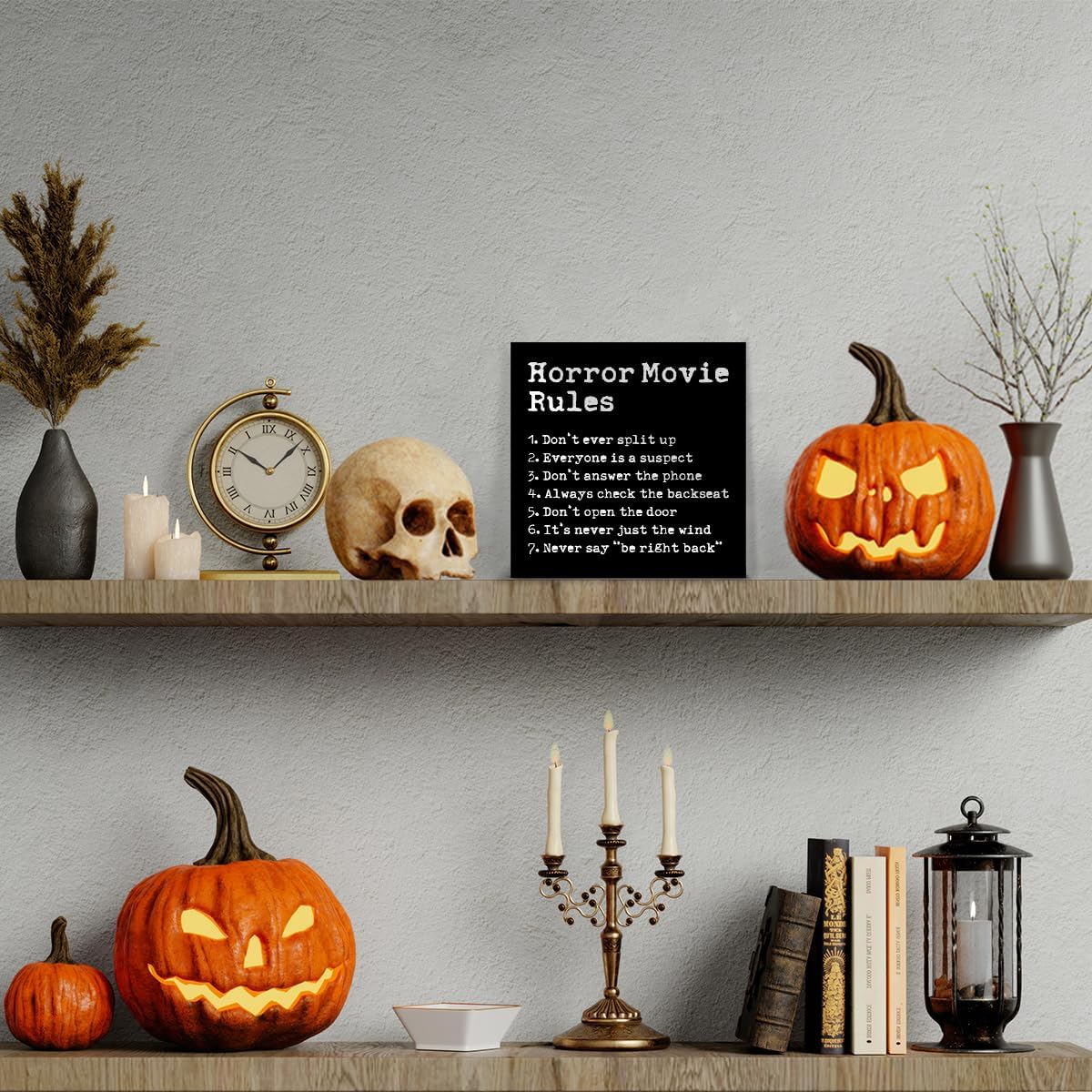 Funny Halloween Horror Decor Horror Movie Rules Sign Spooky Halloween Decorations for Home Office Bedroom Table Desk Shelf Decor