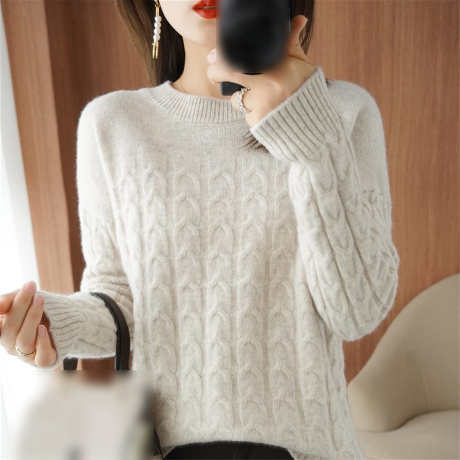 100% lana suéter de cachemira otoño invierno mujer O cuello jersey casual punto top chaqueta de manga larga, blanco, L