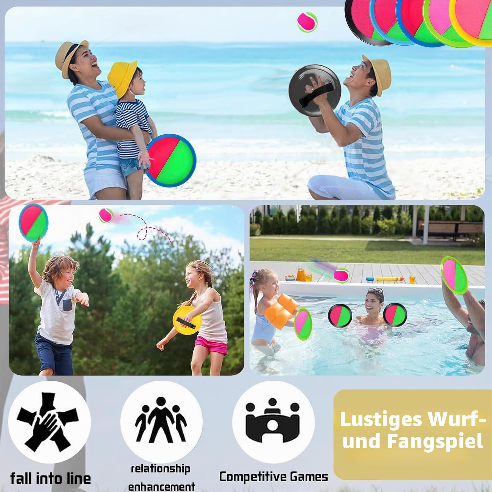 Klettballspiel, Outdoor Klettballspiel für Kinder, 2 Paddel und 2 Bälle, Outdoor Spielzeug Sommer Spielzeug Draußen, Spaß im Freien Spiel Fangball Spiel, für Kinder ab 2 3 4 5 6 7 8 9 10