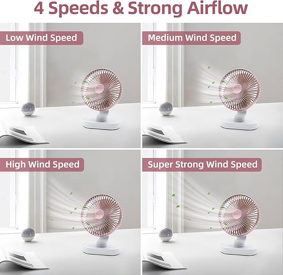 Small Oscillating Fan for Bedroom, 4000mAh Battery Powered Rechargeable Fan, 90 Vertical Manual and 120 Oscillating Desk Fan, 4 Speeds Air Circulator Fans, Quiet Table Fans for Home Office Travel
