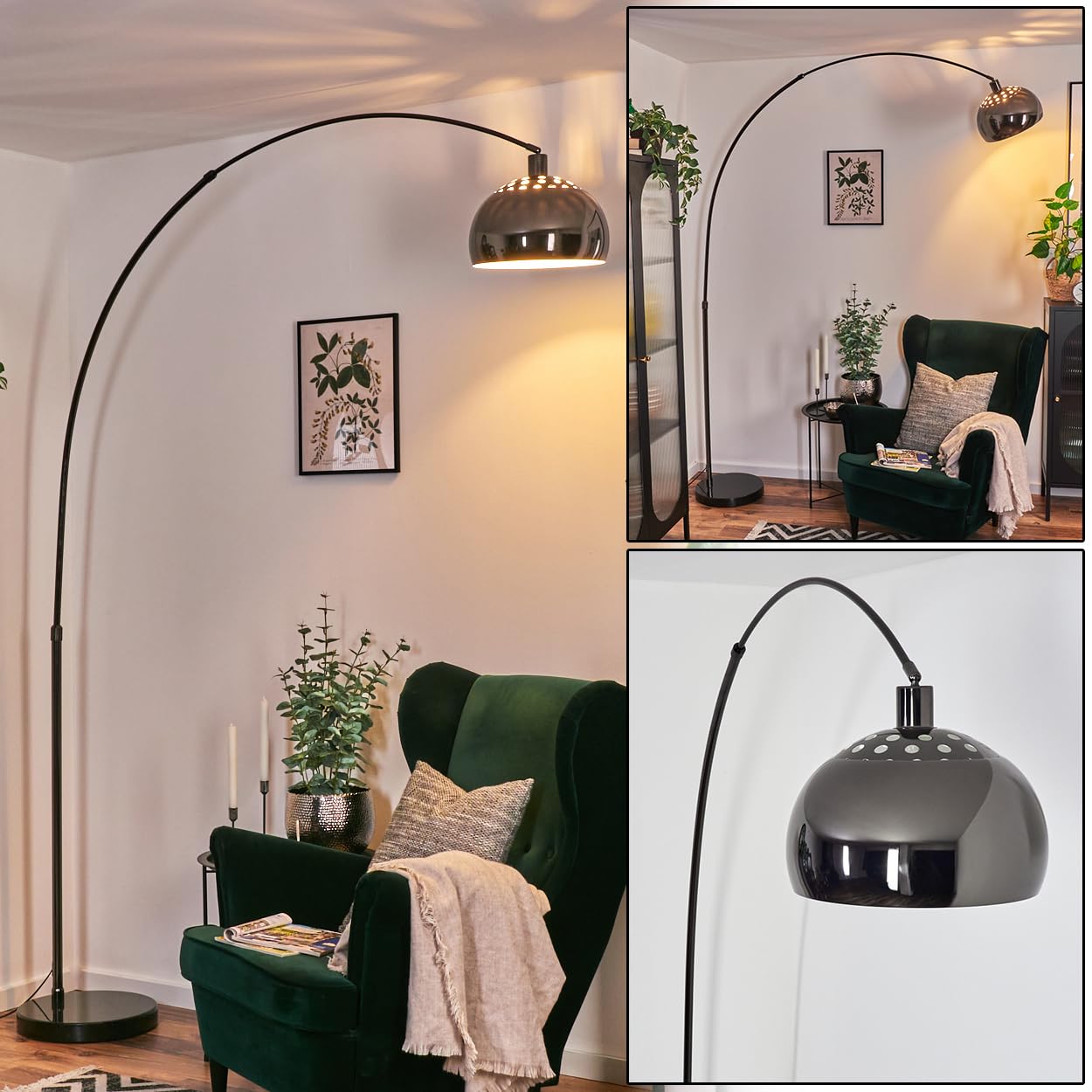 HOFSTEIN Stehleuchte Baloca, Stehlampe aus Metall in Schwarz/Chrom/Rauch/Weiß mit Marmorfuß, verstellbare Leuchte im Vintage-Design, Lichteffekt u. Fußschalter, E27, Wohnzimmer, Schlafzimmer, Büro