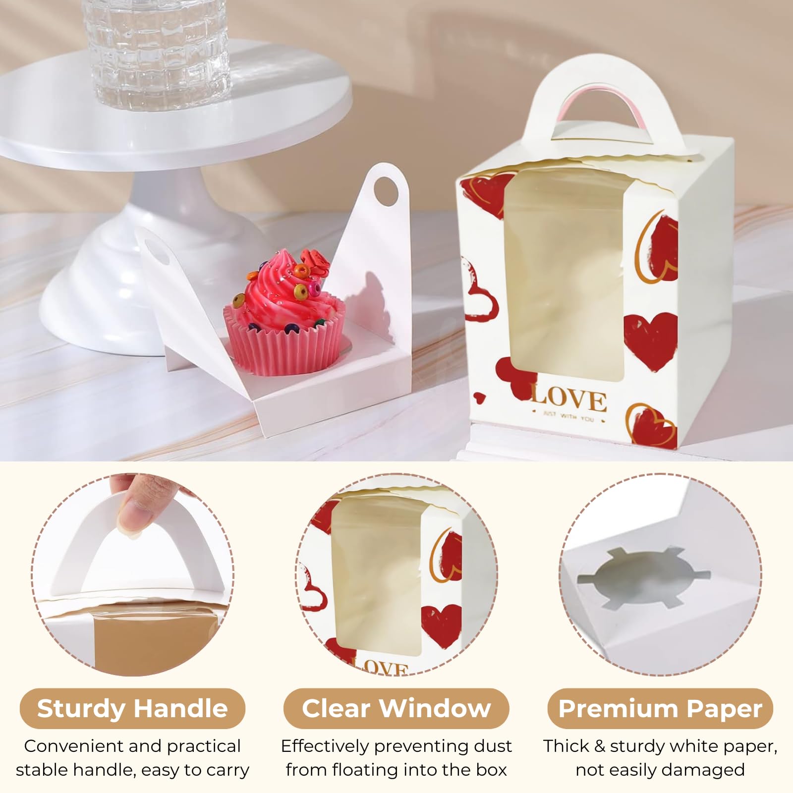 Atarvana Cupcake-Boxen aus Karton, einzeln mit Fenstereinsatz und Griff, einzelne Cupcake-Behälter mit 50 Löffeln und 120 Aufklebern für Bäckereien, Verpackungen, Partygeschenke, 50 Stück