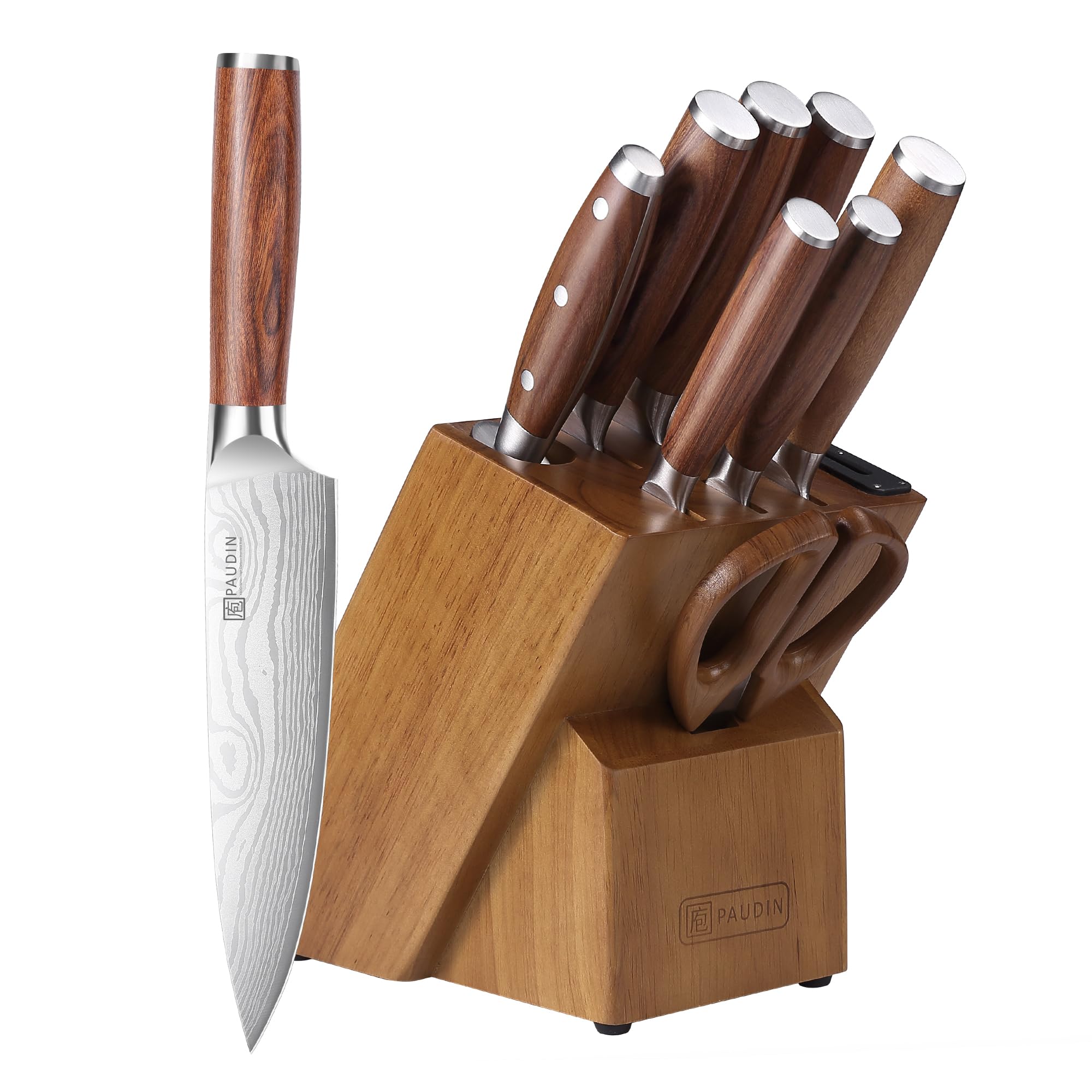 PAUDIN Messerblock-Set mit 10-tlg. Küchenmesser-Set, integriertem Messerschärfer & Naturholzgriffen, scharfes Messerset für Küche & Alltag, platzsparende Aufbewahrung