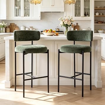 Bar Stools Set of 2, 26 Modern Counter Height Stools with Backs, Green Upholstered Barstools Chairs for Kitchen Island, Bars, Pub, Cafe