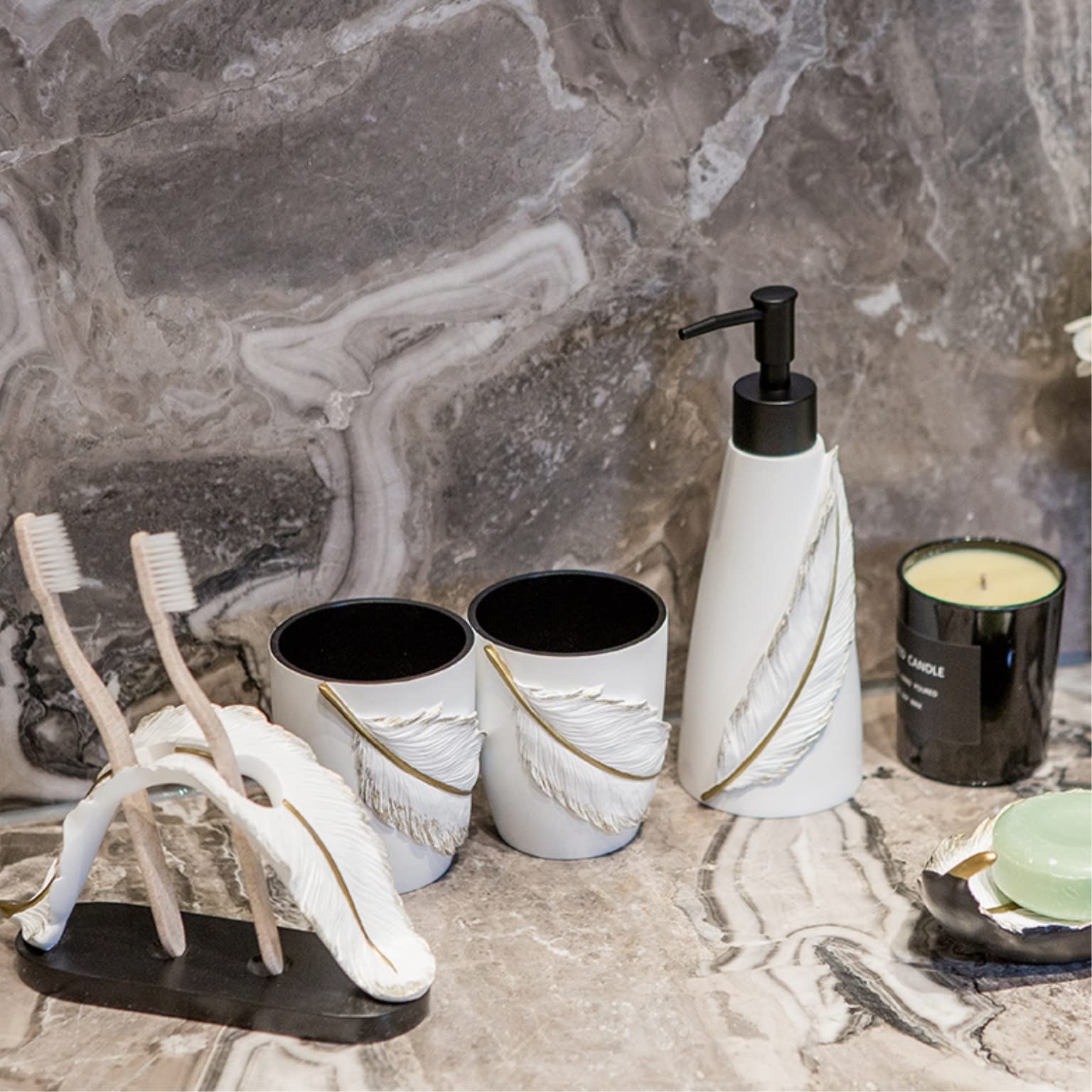 Ensemble Salle de Bain Ensembles De Salle De Bain en Résine Accessoires 5 Pièces Ensembles De Salle De Bain pour Comptoir Toilettes Appartement Décor Trucs Accessoires de Salle de Bain