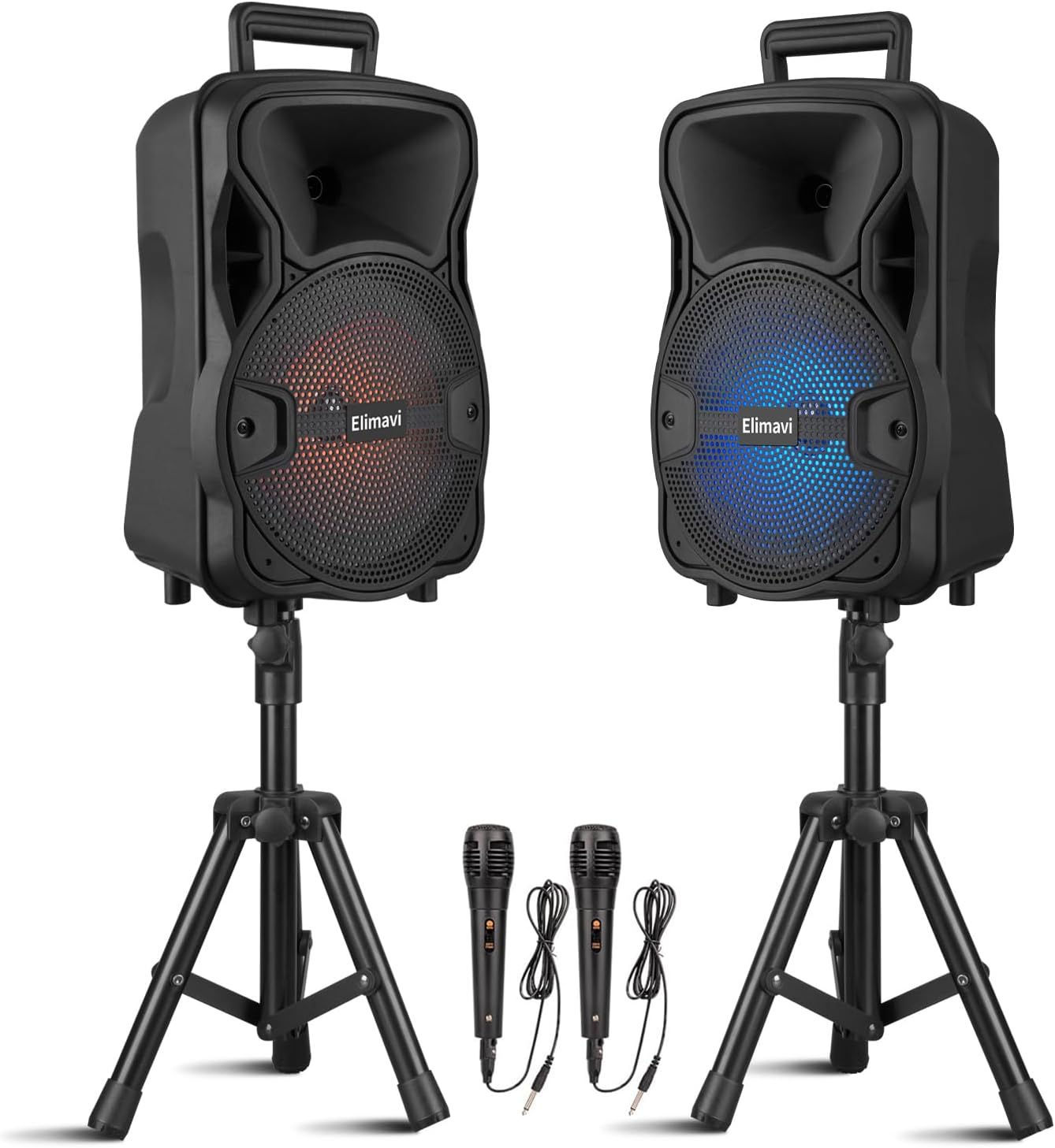 Elimavi Portable Dual 8-Inch PA System DJ Speaker with Stands, Wireless Karaoke Sound System for Indoor Outdoor Events, TWS/AUX/USB Black