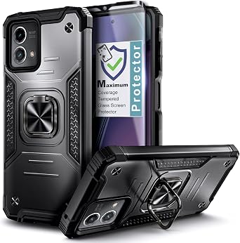 NZND Designed for Motorola Moto G Stylus-5G-2023 Case, Black | with Tempered Glass Screen Protector | Military-Grade Ring Holder Heavy-Duty Phone Cover