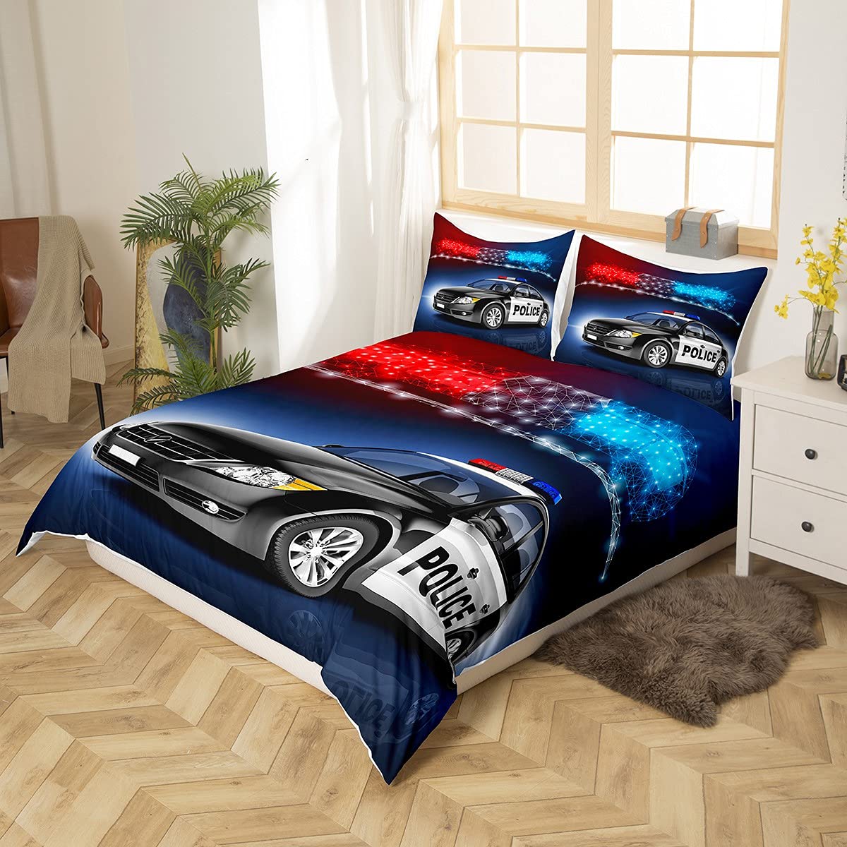 Homewish Boys Police Car Bedding Set Double Size,Kids Black Policeman Car Duvet Cover - Image 2