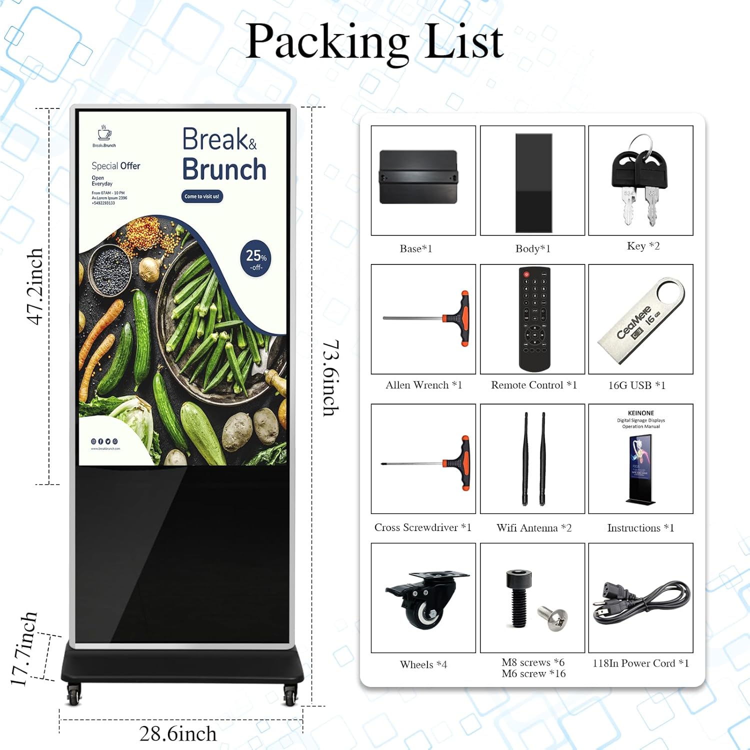 55" 4K LCD Touchscreen Digital Signage Display, Indoor Floor Standing Advertising Kiosk, Commercial Digital Signage Player, HDMI WiFi Bluetooth Input Auto AD Player, 4+32GB Android 14.0 Black
