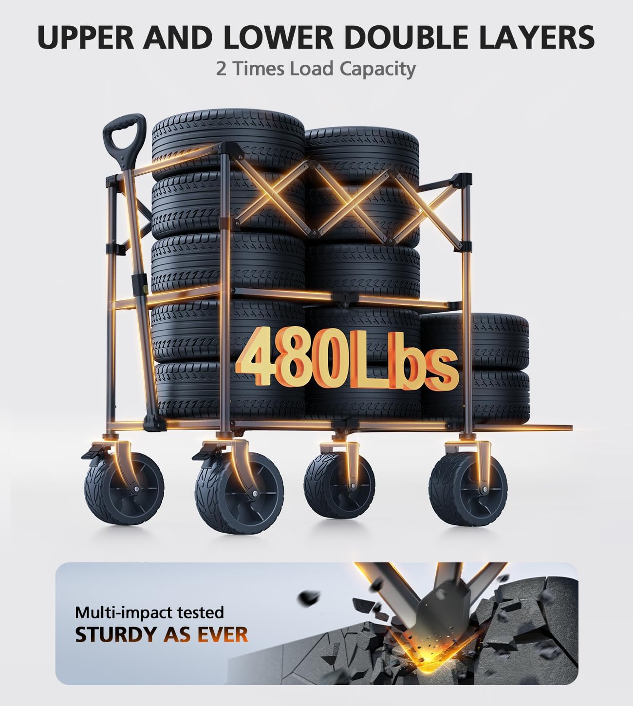 Foldable Wagon Cart,Everyfun 480Lbs Double Decker Wagon,Beach Carts with Big Wheels&Side Pocket&Dustbag,Large Capacity Folding Wagon for Shopping,Garden,Camping,Fish,New Wave Sports Wagon-Pure Black