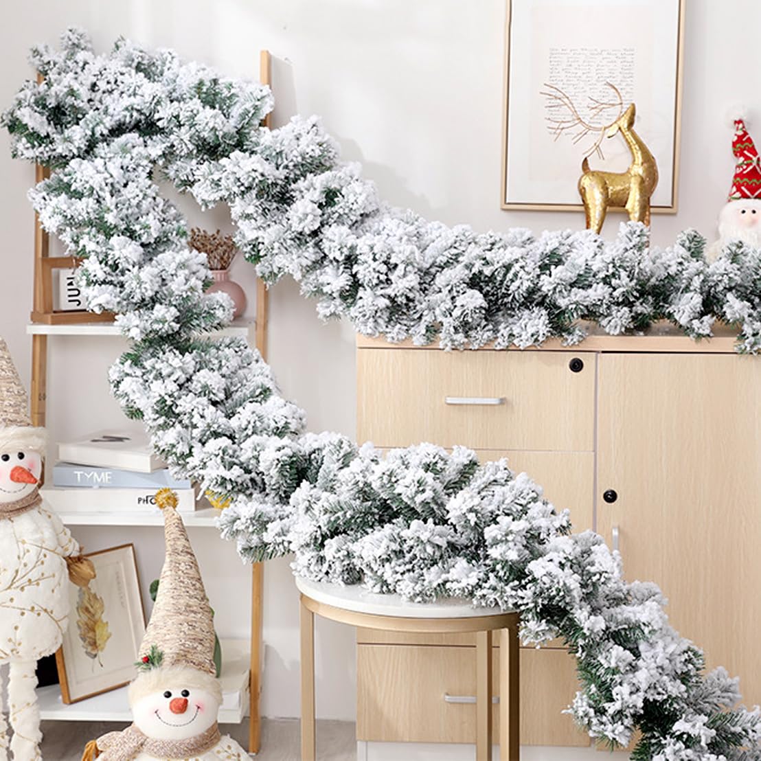 9FT/2.7M Christmas Garlands with LED Lights, Xmas Snow Flocked Garland Battery Operated, Holiday Decor Garland for Front Door, Mantle, Fireplace, Stairs Railing