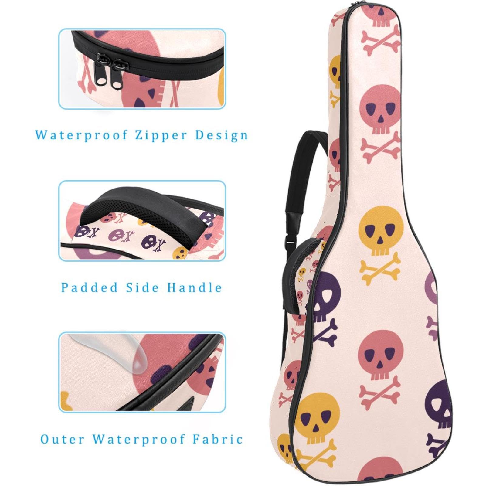 Torba na gitarę akustyczną wodoodporny plecak na gitarę grubo miękka wyściełana czaszka klasyczna obudowa na gitarę, wielobarwny, 42.9x16.9x4.7 in, Organizer do torby