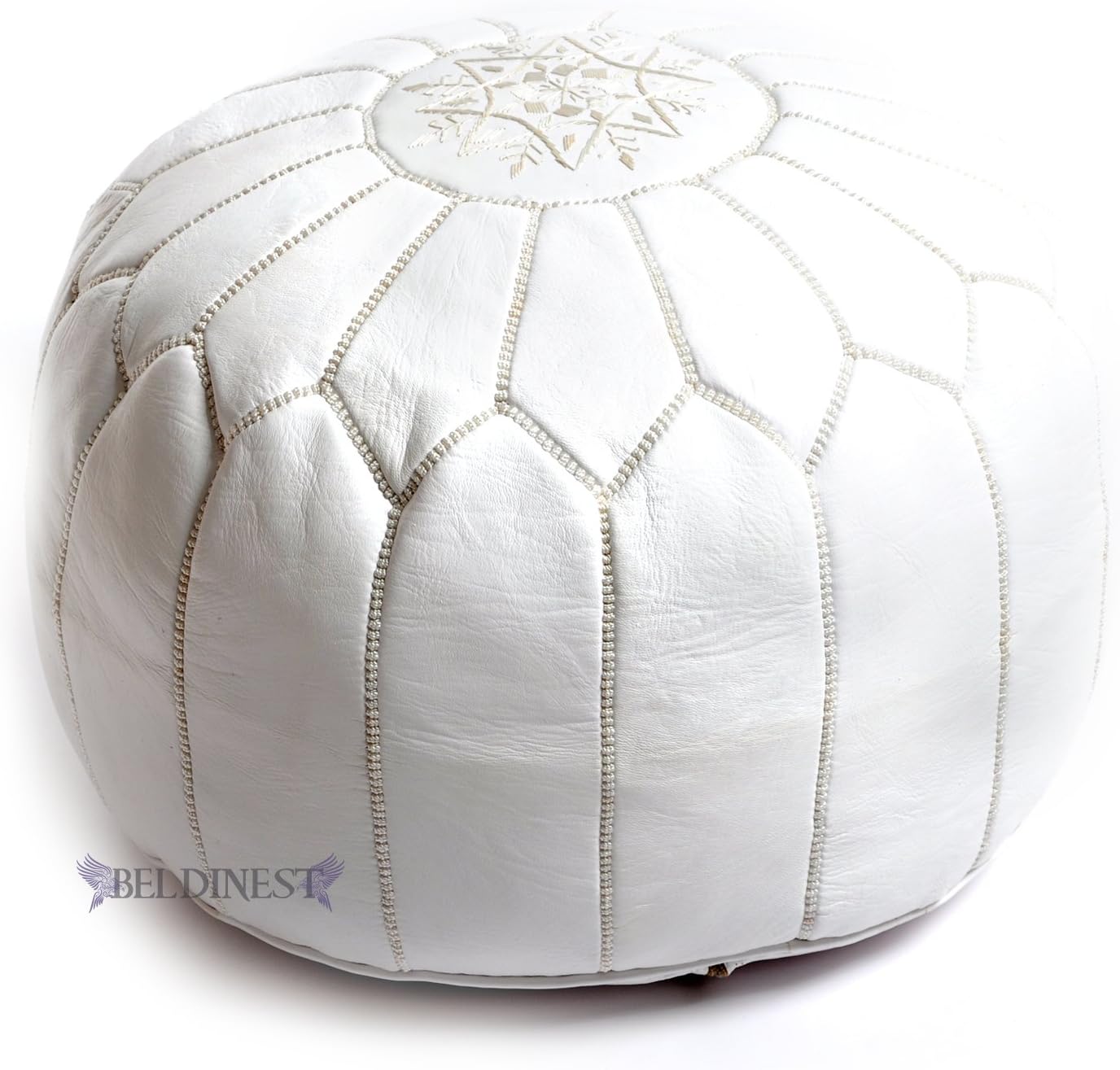 BeldiNest White Moroccan Leather Pouf Ottoman Round Footrest for Home Decor