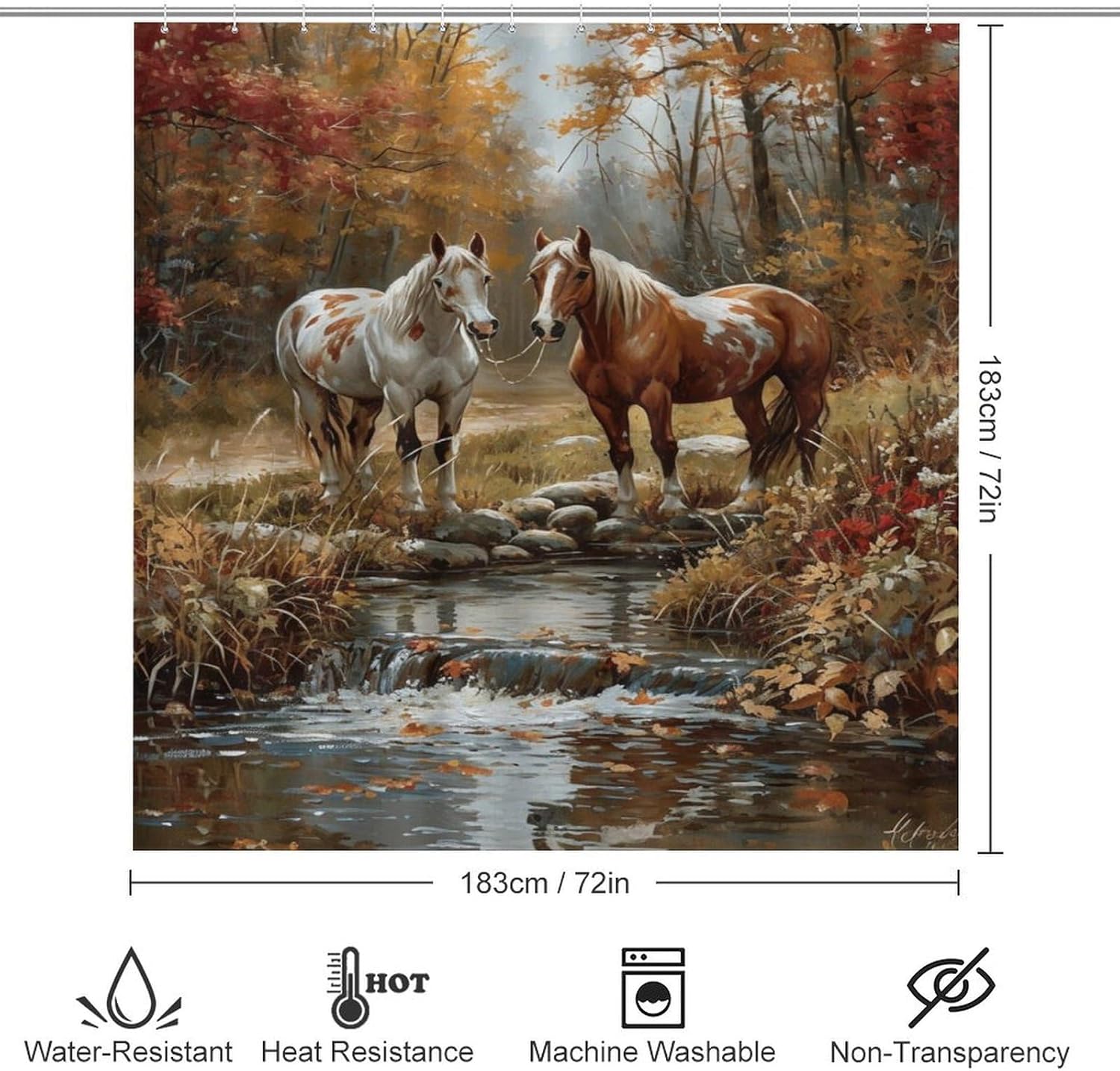 Rustic Natural Horses Shower Curtain Sets with Non-Slip Rug, Toilet Lid Cover And Bath Mat, Wildlife Paintings Forest Scenery Shower Curtain Sets with 12 Hooks, Shower Curtain for Bathroom Set Decor