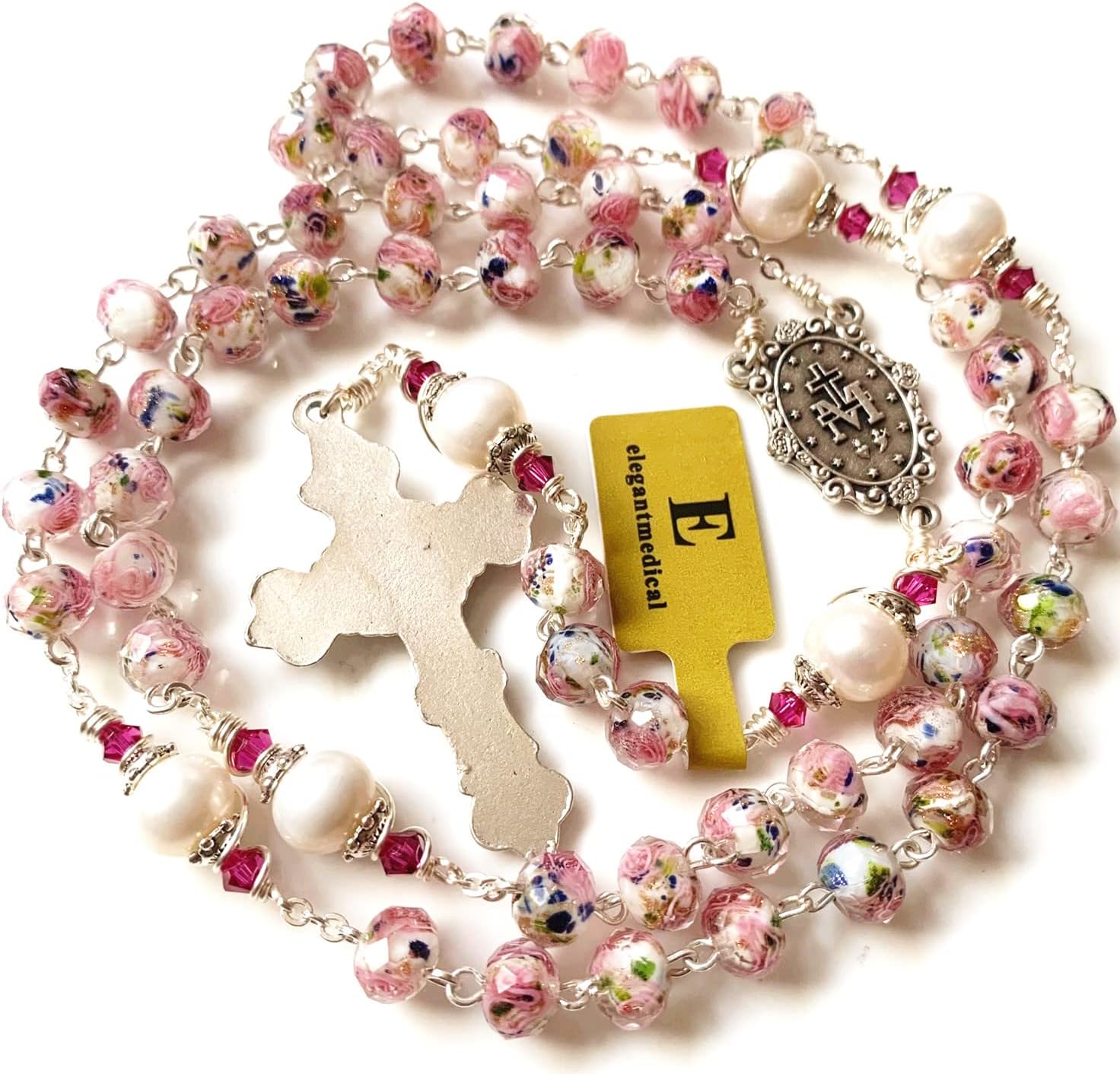 elegantmedical Handmade Veluriyam Rose Beads & Pearl Beads Rosary & Italy Cross Catholic Necklace Gift Box